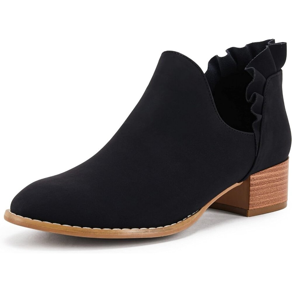 SDONY Ankle Boots Women's Black Faux Leather Low Heels Zipper Dressy Booties